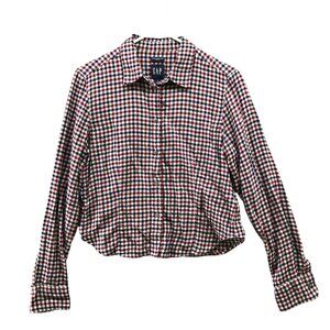 Gap Fitted Cropped Flannel Shirt Womens S Red Blue Check Plaid Long Sleeve